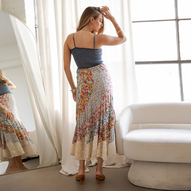 Smocked Boho Patchwork Floral Midi Dress with Lace Hem – TandyWear