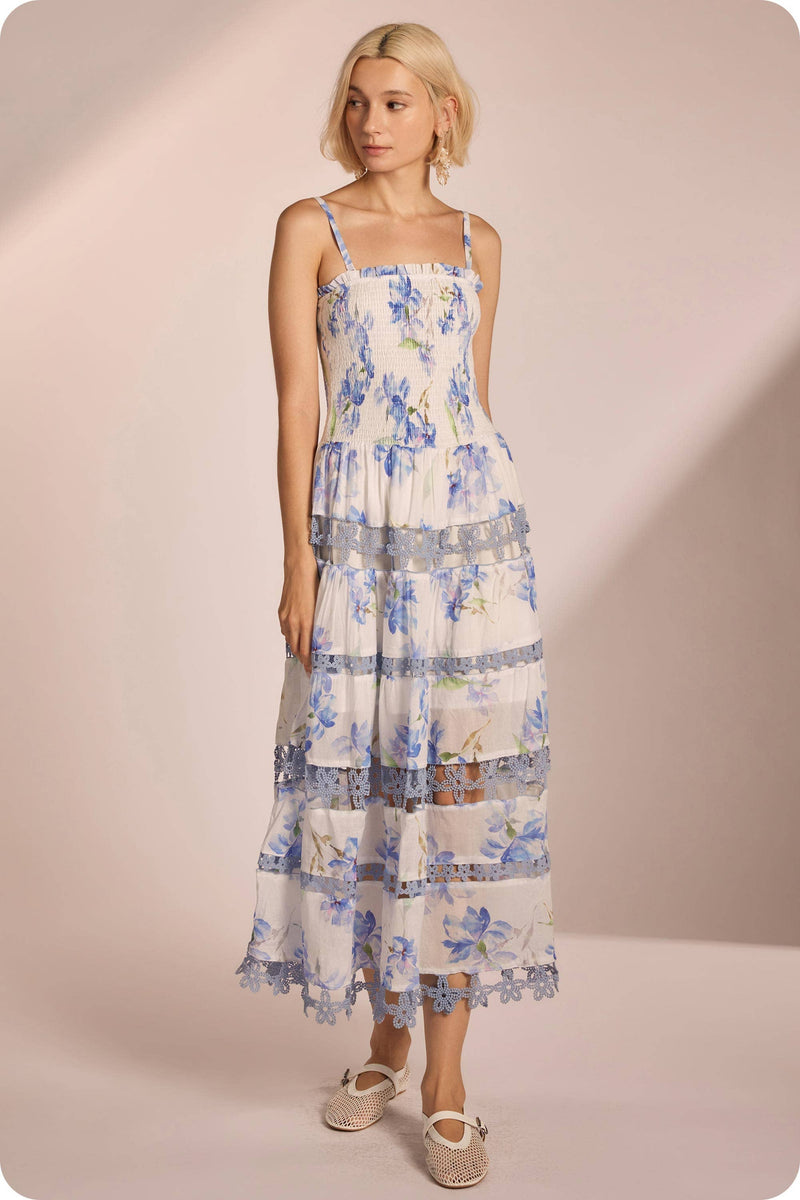 Floral Print Smocked Lace Trim Midi Dress Blue Multi / Small