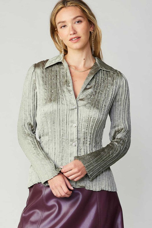 Split-Neck Long-Sleeve Button-Front Blouse for Women