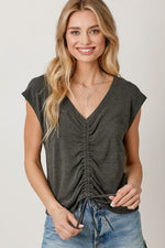 Front String Ruched Top - Charcoal