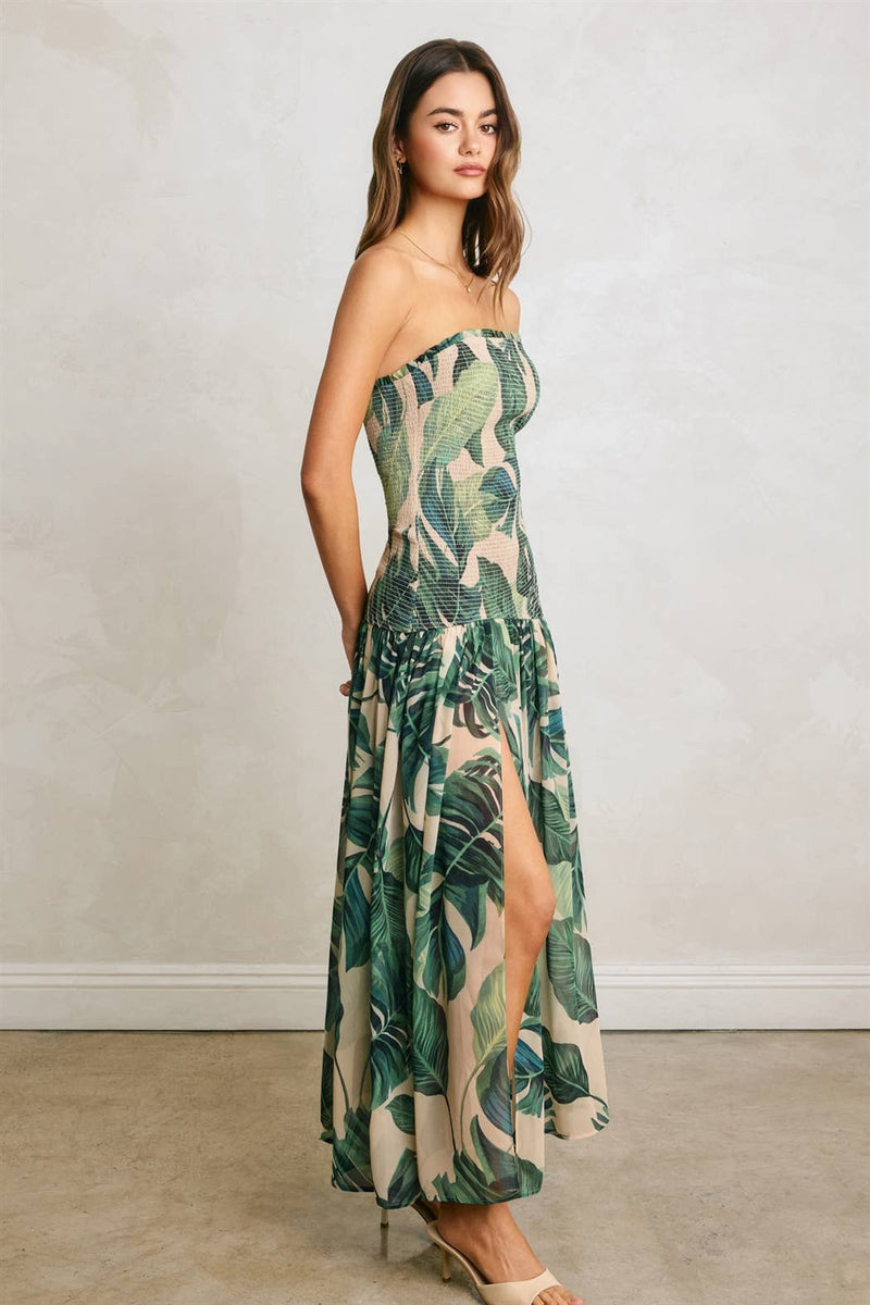 Tropical Leaf Print Strapless Chiffon Maxi Dress – TandyWear