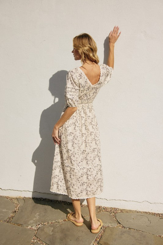 beach midi dress with sleeves HOLIDAY Linen Midi Dress with Puff Sleeves