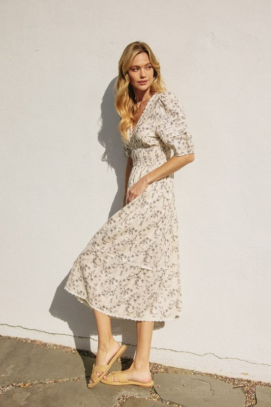 Brunch Babe Bubble Sleeve Midi Dress Brown Ivory / Large Brunch Babe Bubble Sleeve Midi Dress Brown Ivory / Large