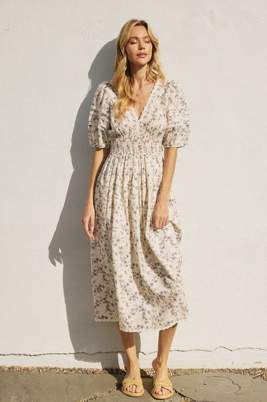 Brunch Babe Bubble Sleeve Midi Dress Brown Ivory / Large Brunch Babe Bubble Sleeve Midi Dress Brown Ivory / Large