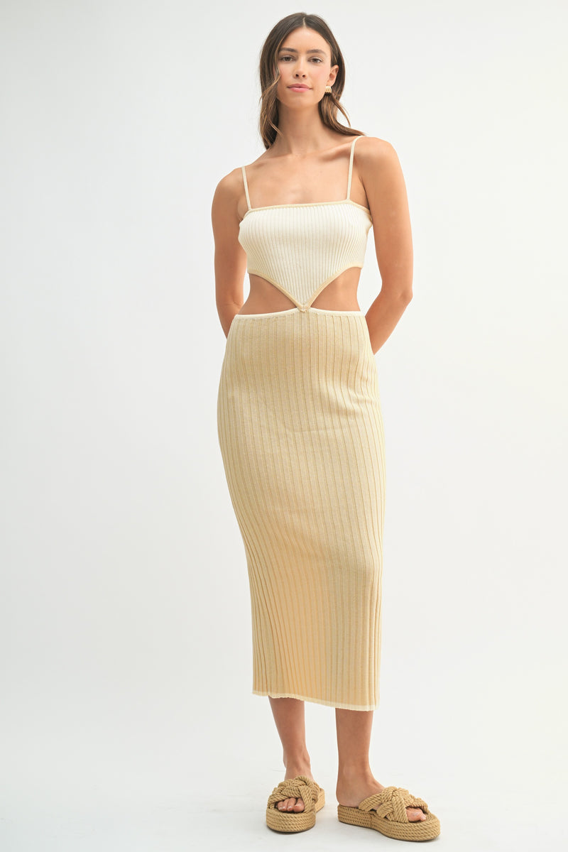 Ribbed Knit Color Block Cutout Midi Dress LT Taupe 0213 / Small Ribbed Knit Color Block Cutout Midi Dress LT Taupe 0213 / Small