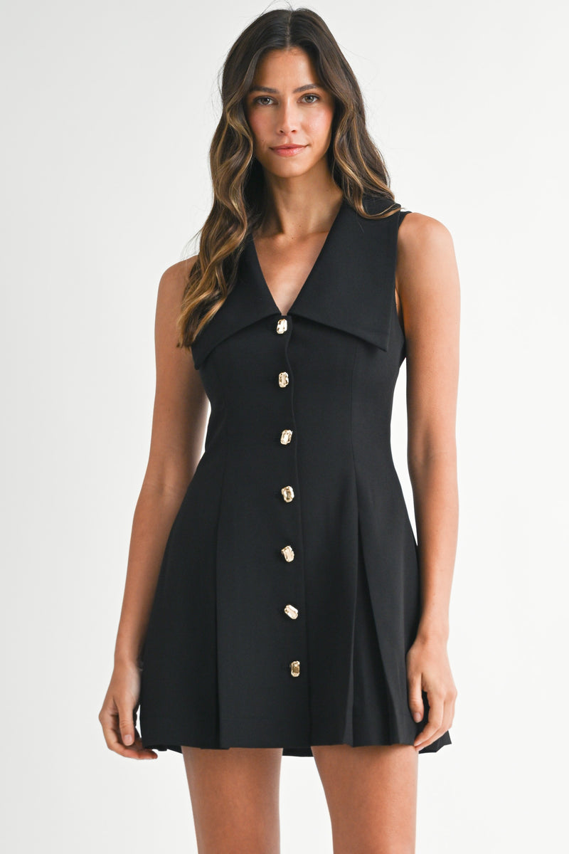 Peter Pan Collar Gold Button Down Mini Dress Black / Medium Peter Pan Collar Gold Button Down Mini Dress Black / Medium