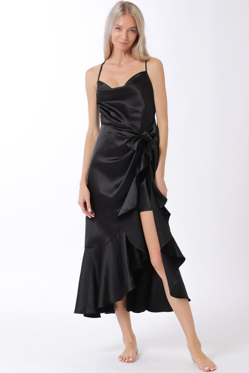 black satin cowl neck midi dress Black Satin Cowl Neck Midi Slip Dress