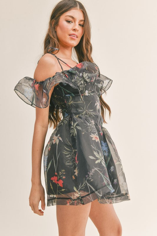 Organza Print Off Shoulder Dress
