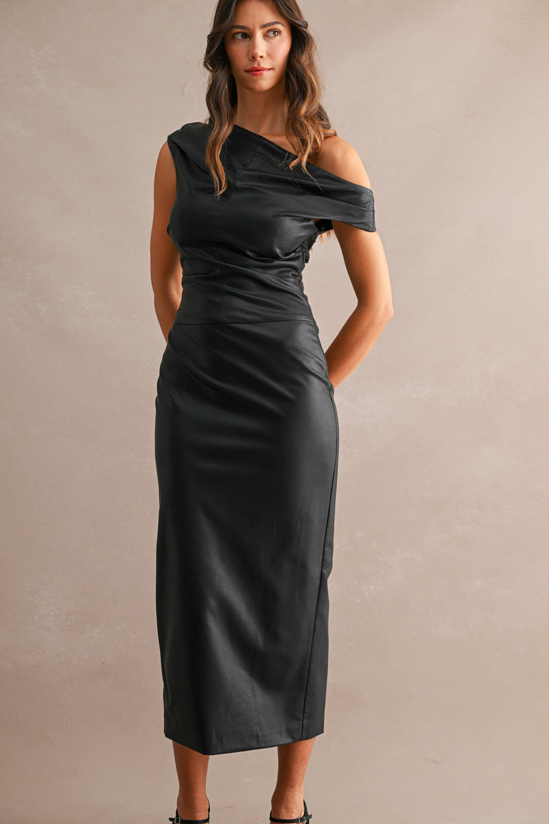 Faux Leather One Shoulder Asymmetric Draped Neck Midi Dress Black / Medium