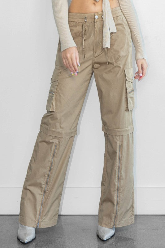 Front Zip Flare Cargo Pants - Olive