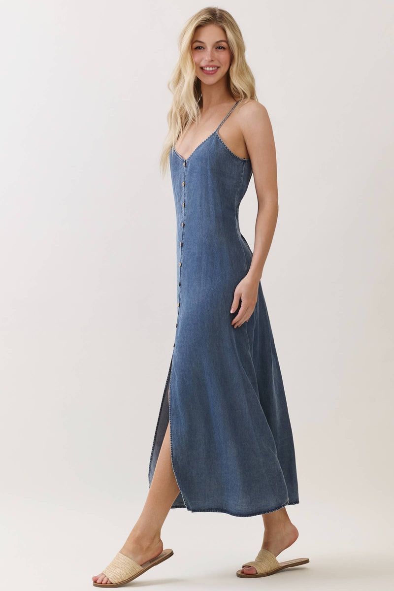 Medium Wash Tencel Denim Flowy Dress with Wood Buttons | Final Touch