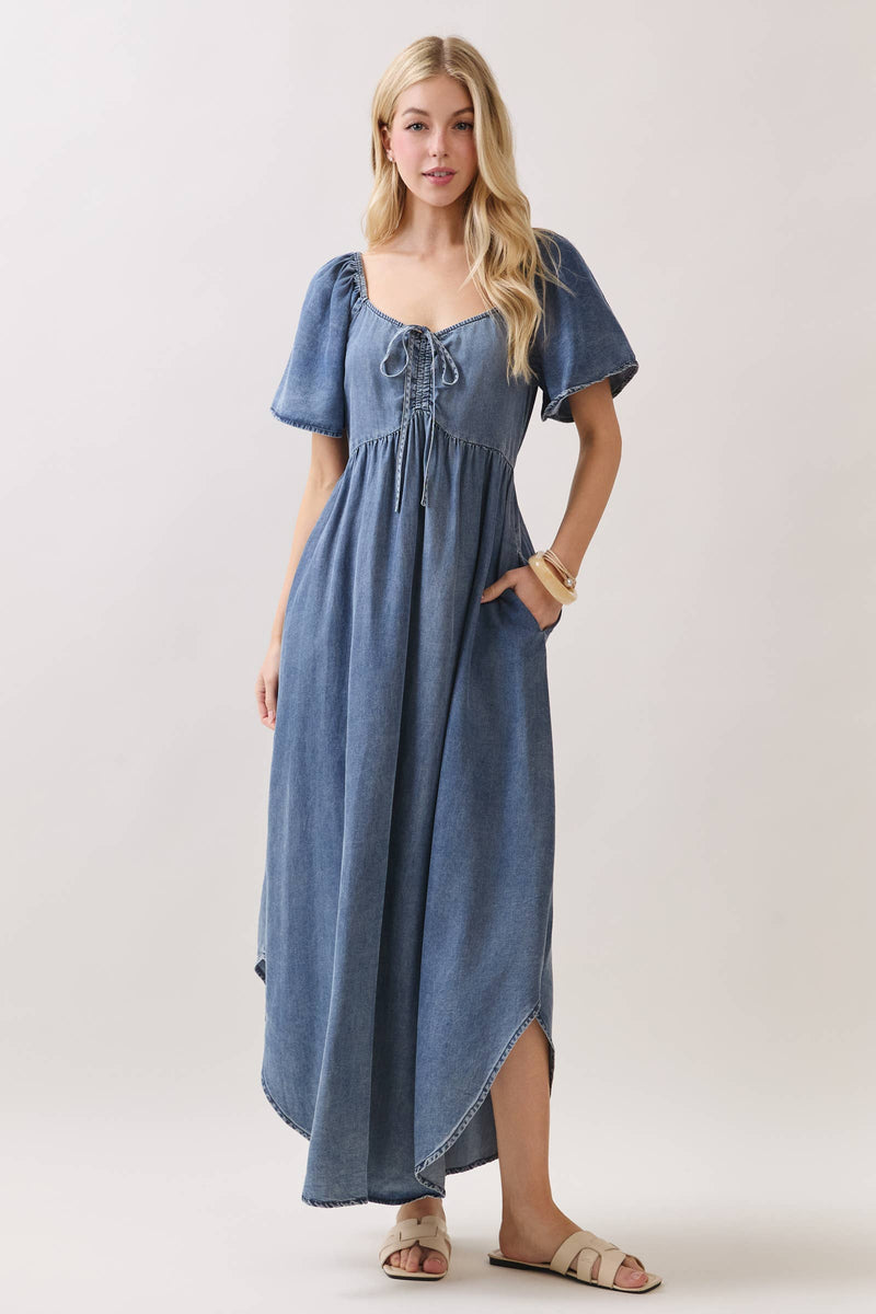tencel maxi dress Medium Wash Front Ruched Flowy Sleeve Round Hem | Final Touch Color:Candy Pink As Picture YGroup_briggs Long Sleeve Gatsby Dress cotton and linen blend