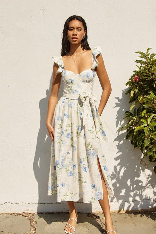 flutter sleeve ruched corset detail tiered midi dress in berry ASOS DESIGN