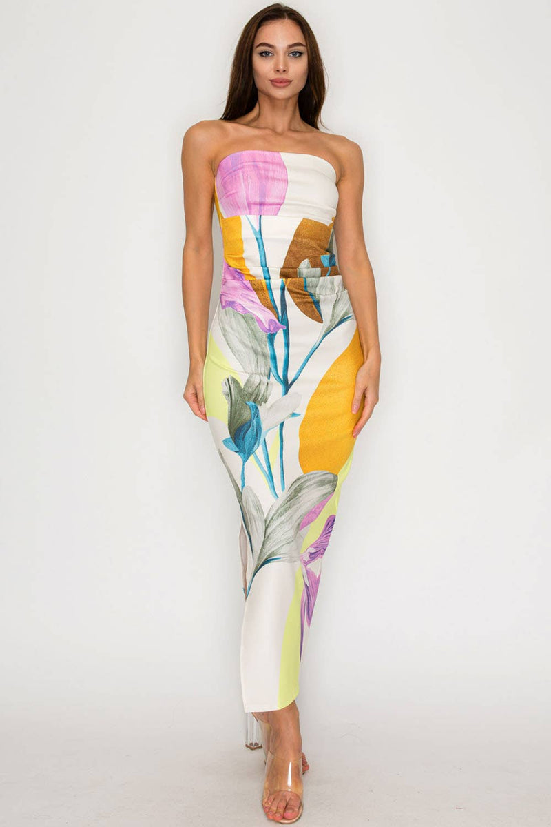Cream Multi Navy Multi Floral Abstract Print Strapless Tube Dress Side Slit | Her Bottari