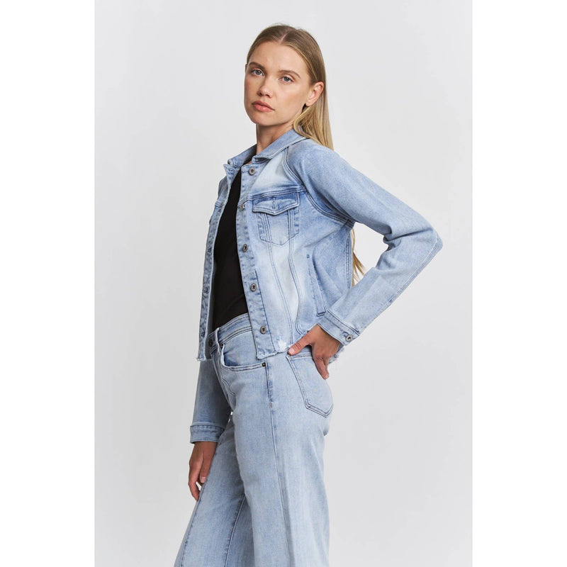 Mica Denim Raw Hem Denim Jacket with Leather Patch – TandyWear