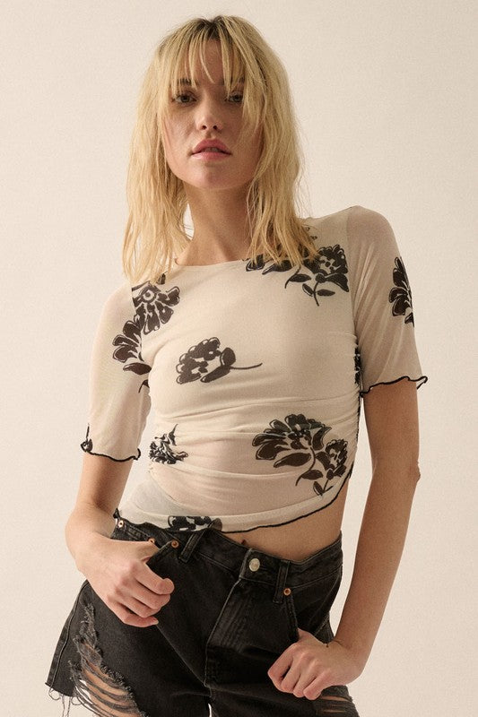 Floral Mesh Ruched Cropped Top