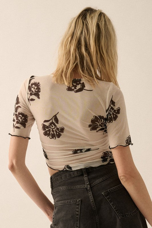 Floral Mesh Ruched Cropped Top