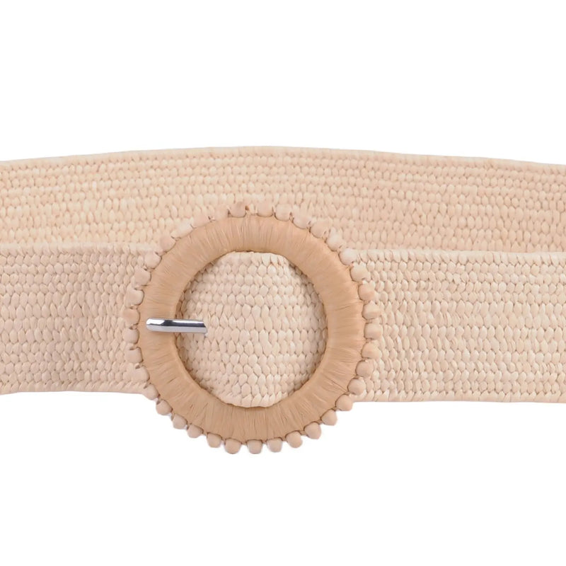 Classic Straw Stretch Belt With Circle Buckle And Beads