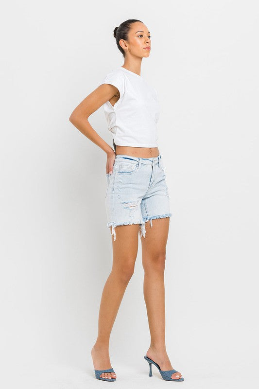 Mid Rise Distressed Stretch Shorts