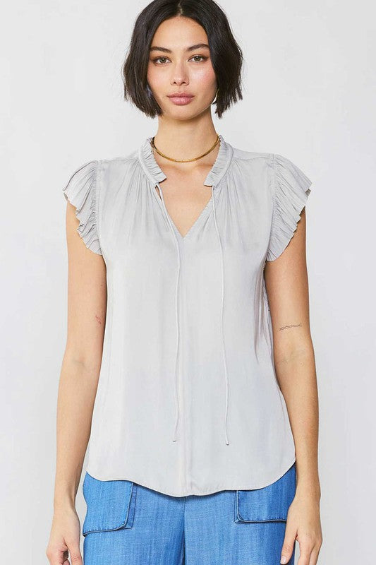 Pleated Sleeve Blouse With Ruffled Neck