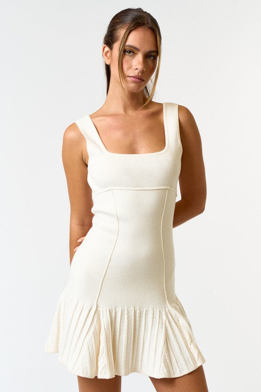 Ruffled Square Neck Sweater Mini Dress Off White 0617 / Medium Ruffled Square Neck Sweater Mini Dress Off White 0617 / Medium