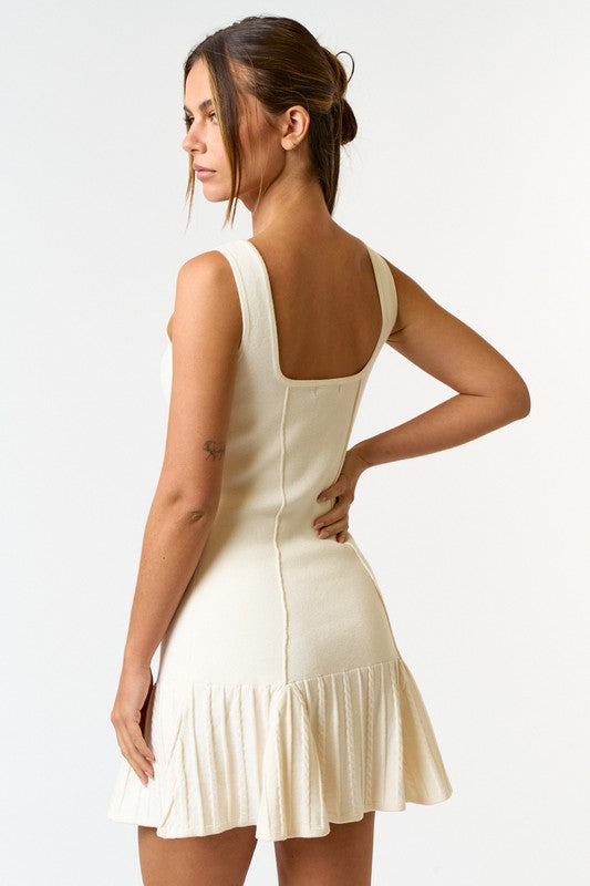 Ruffled Square Neck Sweater Mini Dress Off White 0617 / Large Ruffled Square Neck Sweater Mini Dress Off White 0617 / Large