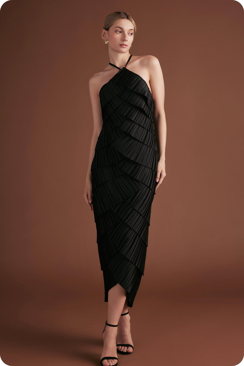 Pleated Satin Tiered Midi Dress Black / Small Pleated Satin Tiered Midi Dress Black / Small