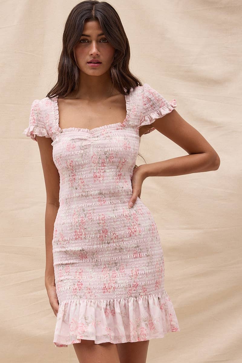 Ribbon Floral Smocked Mini Dress Pink Floral Ribbon / Medium Ribbon Floral Smocked Mini Dress Pink Floral Ribbon / Medium