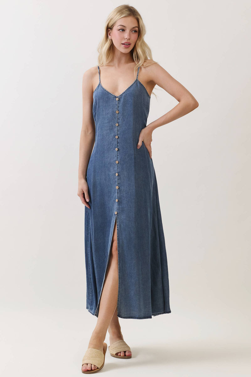 denim tencel dress Medium Wash Flowy with Wood Buttons | Final Touch styleattribute-mini dresses Women's Summer Casual Tiered Midi length Color:Black x Black