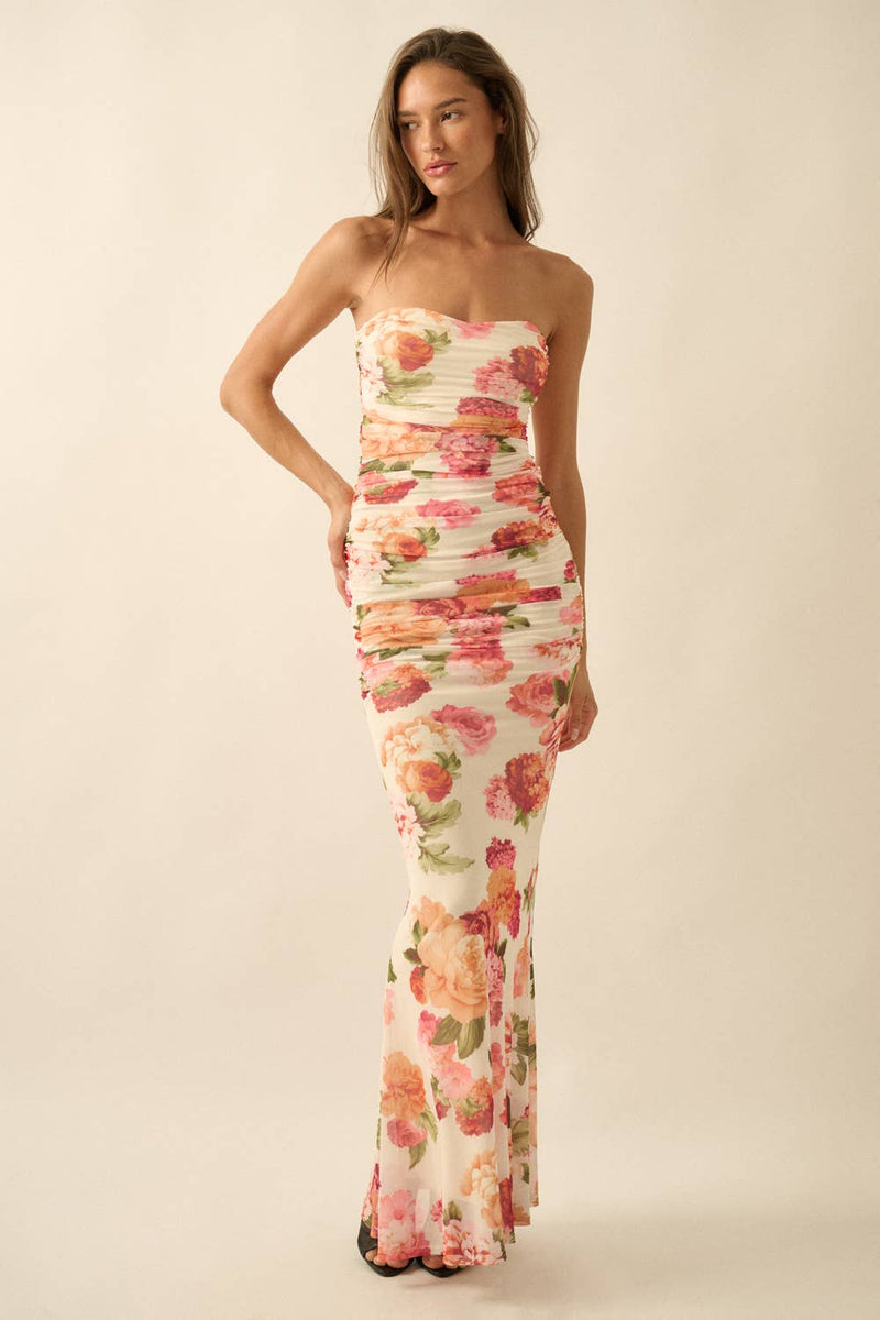 sweetheart mesh maxi dress Cream Pink Floral Print Ruched Strapless | Promesa USA collections:basic Back zip SHU-SHI Women's Summer Long Neck:17