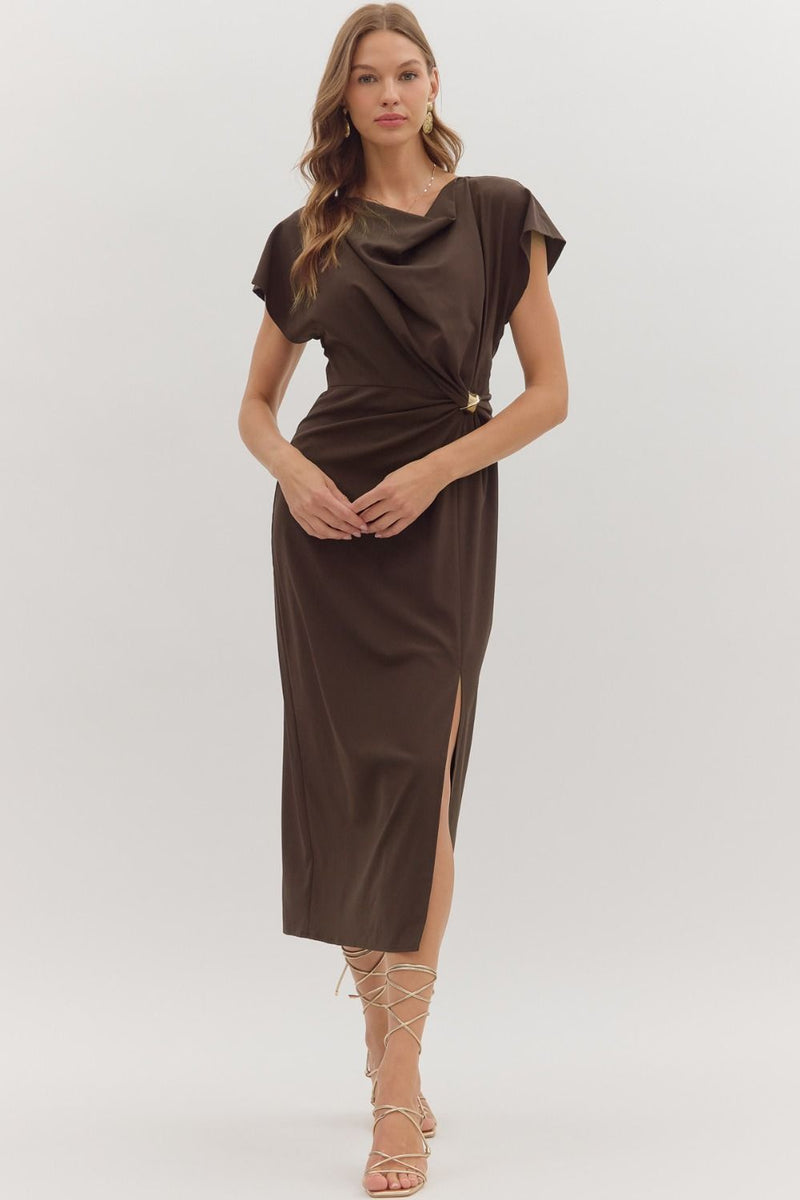 Short Sleeve Midi Dress with Draped Neckline Black / Medium Short Sleeve Midi Dress with Draped Neckline Black / Medium
