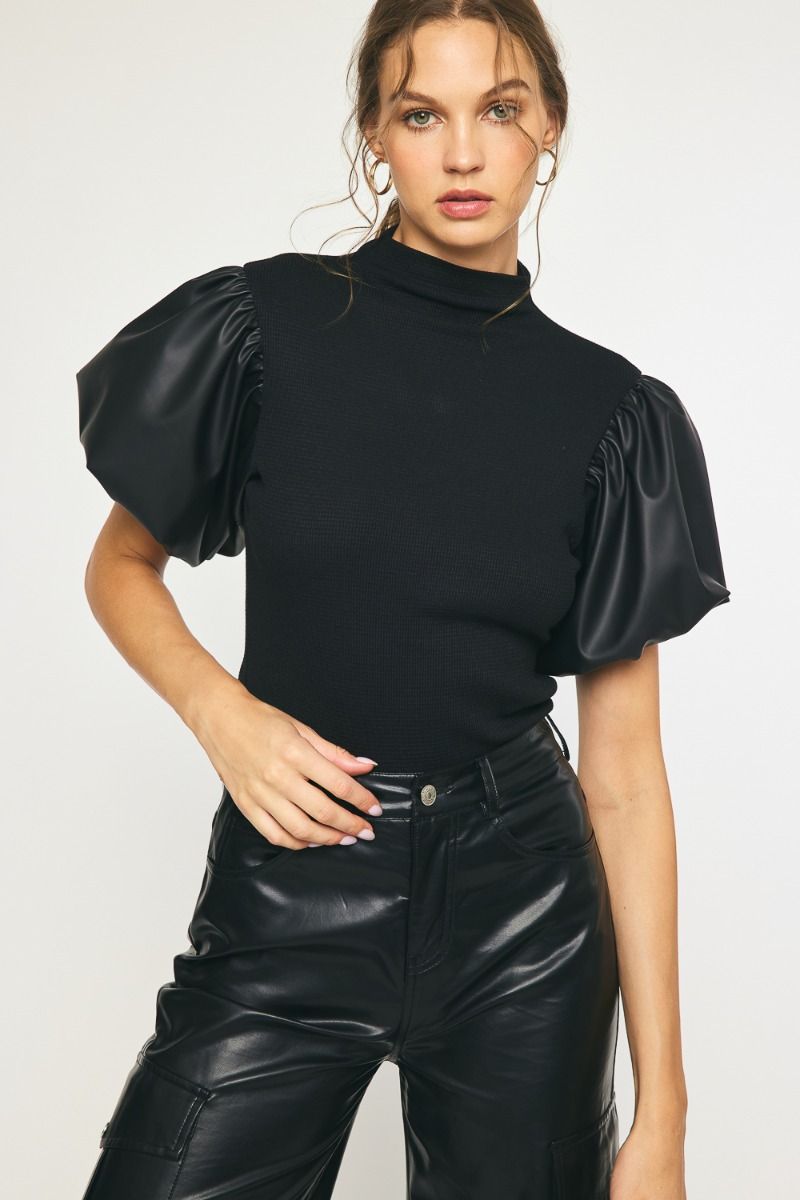 Waffle Knit Mock Neck Top w/ Leather Puff Sleeves – TandyWear