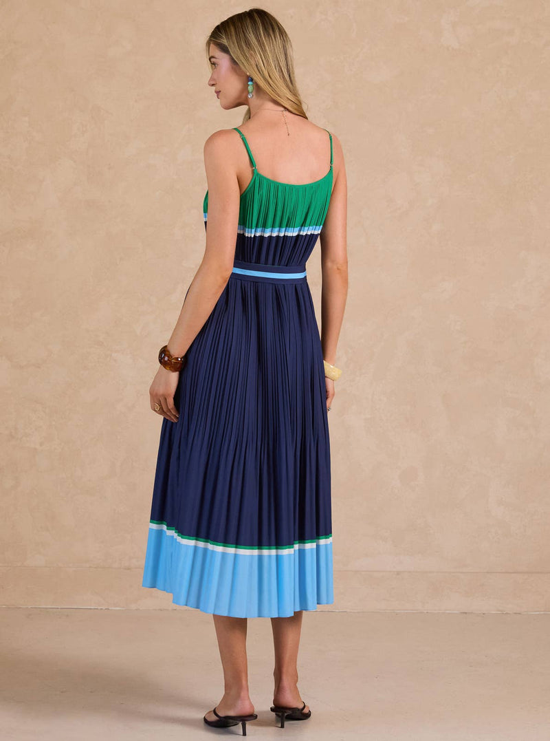 pleated color block dress MOTF Blue Pleated Color Block Dress Women's Cocktail Short A-Line Flounce Sleeve Round Neck Woven Fabric Regular Fit Elegant Romantic Formal,M