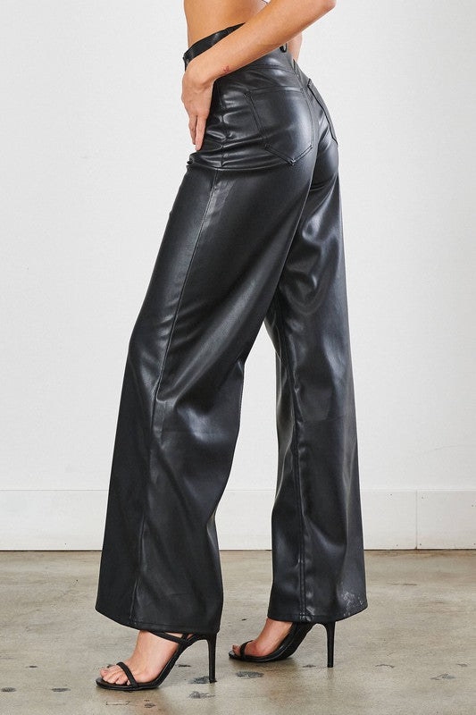 Wide-leg Leather Pants - Black - Ladies