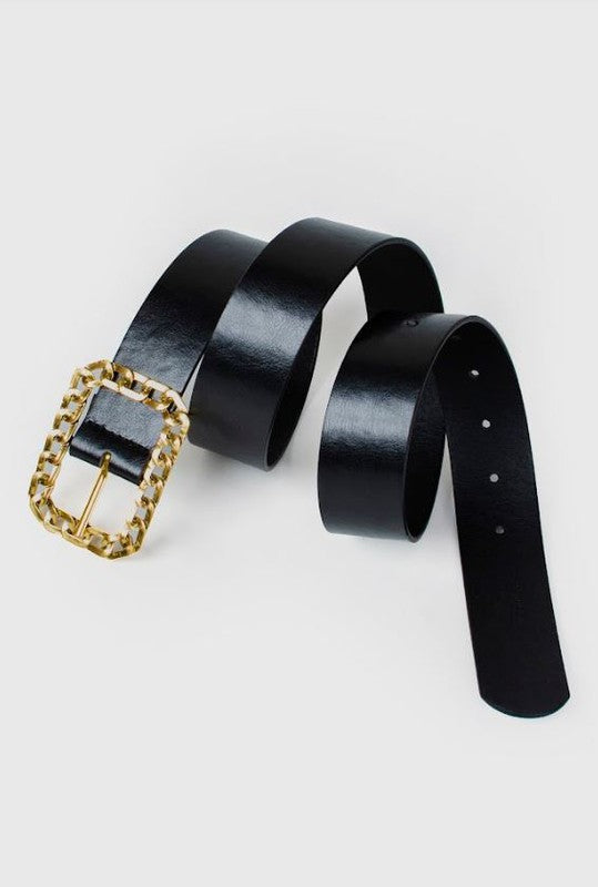 Classic Black Faux Leather Sqaure Buckle Belt