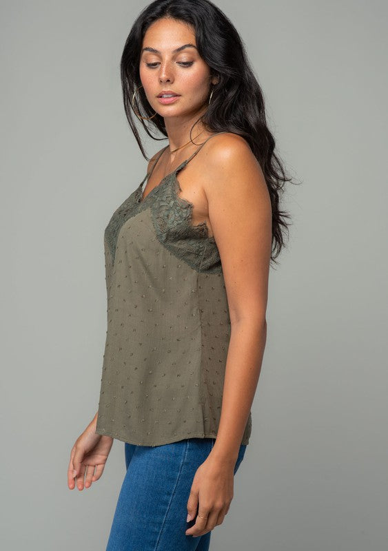 Women's Lace Trim Satin Cami Top in Forest Green