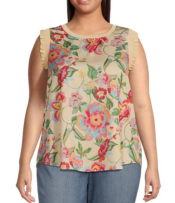 Floral Print Ribbed Contrast Ruffle Top