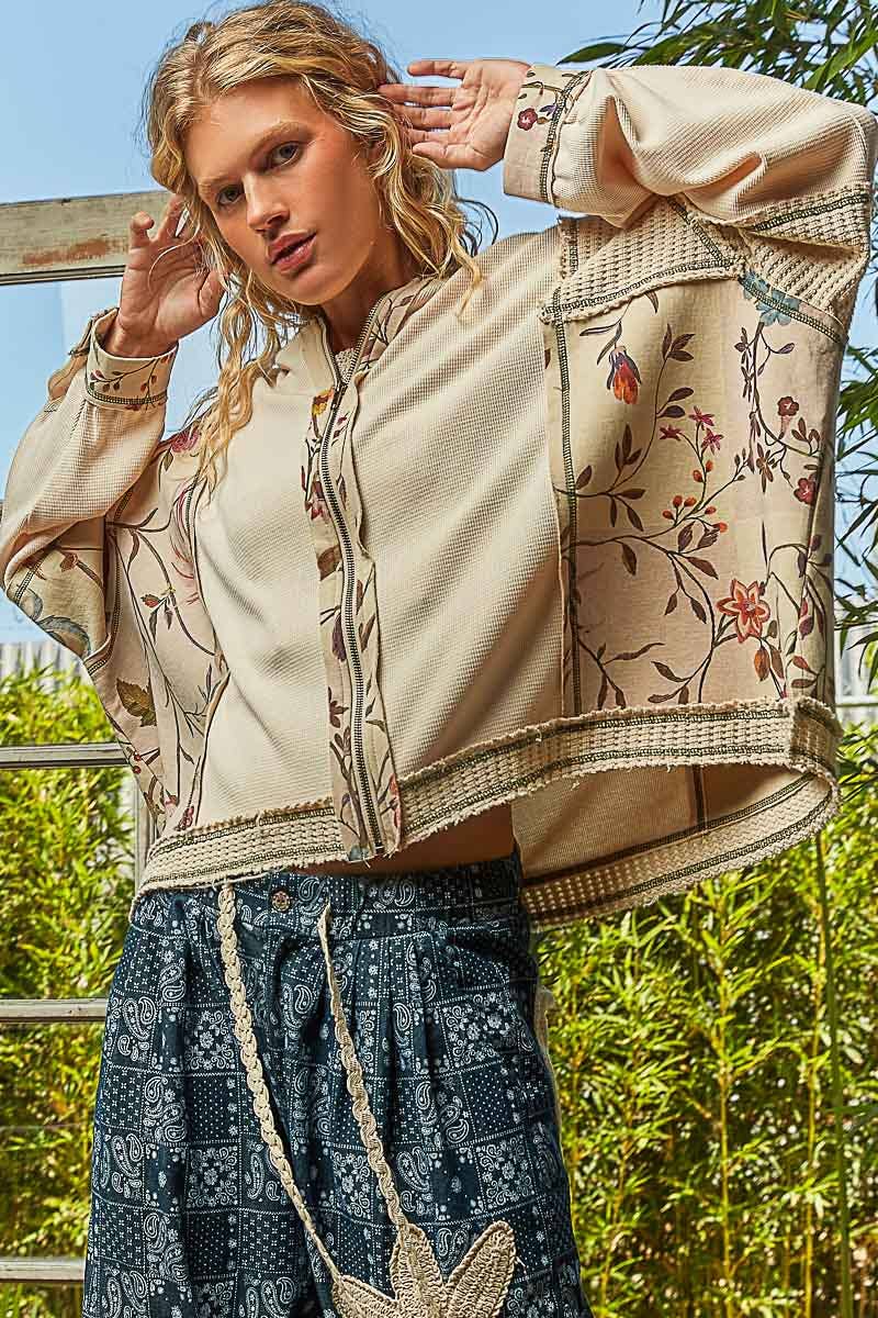 Solid Pattern Printed Stitch Detail Thermal Knit Hoodie Top