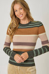 Ribbed color block striped sweater top featuring earthy tones and a slim fit, perfect for Long Island boutique fashion enthusiasts.