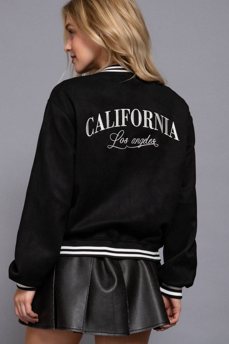 Long Sleeve Embroidery Detail Faux Suede Varsity Jacket