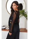 Open Knit Crochet Tie Top with Bell Sleeve - Black