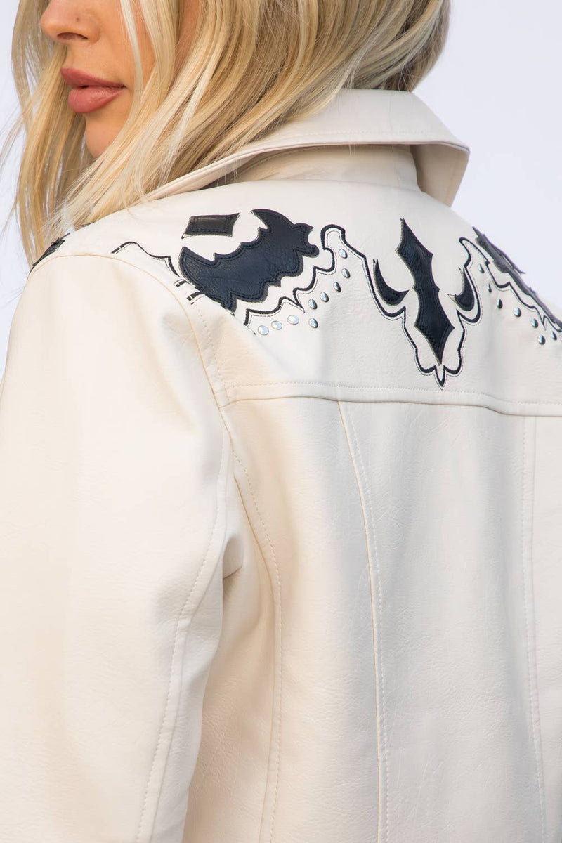 Vegan Leather Moto Jacket - Embroidery Applique Detail