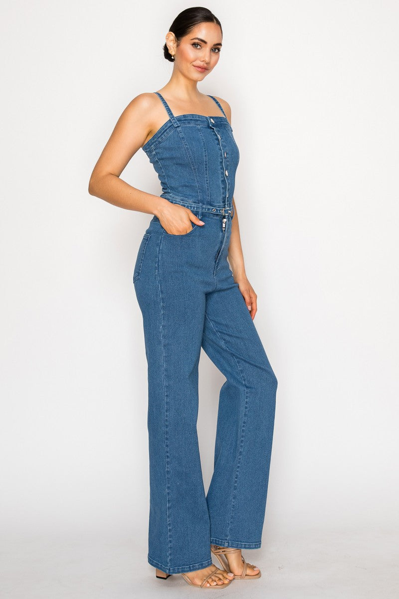 Wide Leg Belted Denim Jumpsuit