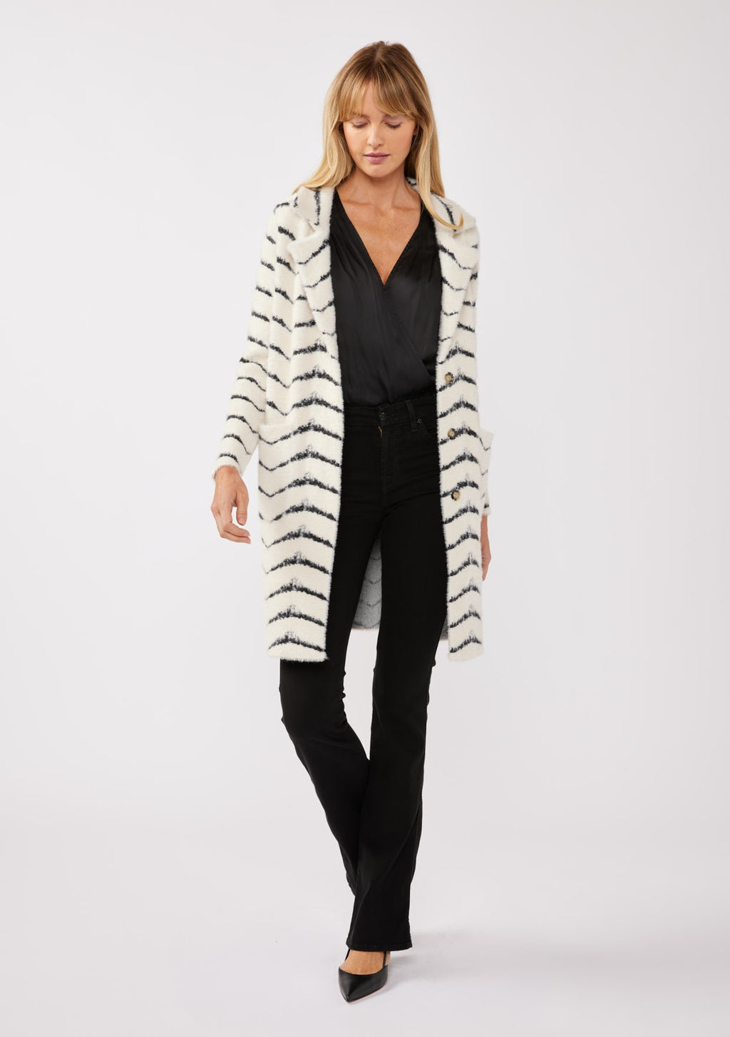 Fuzzy Chevron Jacquard Button Front Cardigan