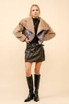 Cozy beige fur contrast bandanna double-breasted crop jacket with stylish oversized collar, perfect for chic Long Island boutique fashion looks.