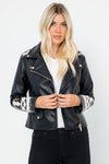 Vegan Leather Moto Jacket - Embroidery Applique Detail