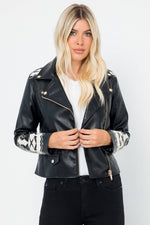 Vegan Leather Moto Jacket - Embroidery Applique Detail