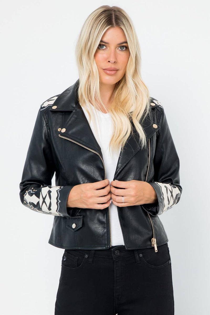 Vegan Leather Moto Jacket - Embroidery Applique Detail