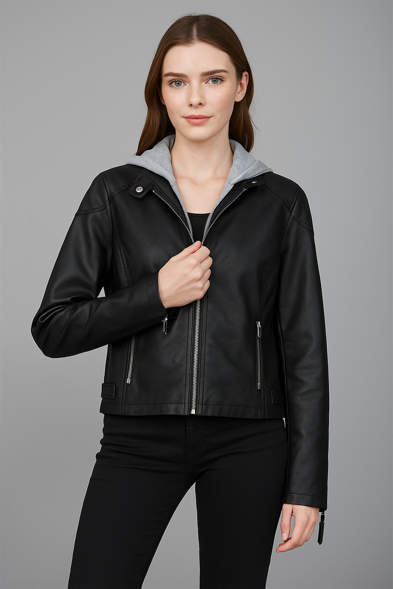 Hooded Faux Leather Moto Jacket | Removable Hood