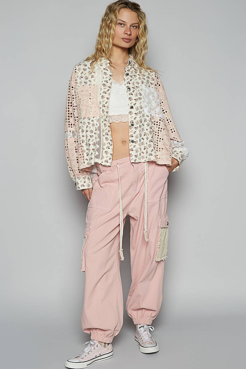 Balloon Sleeve Crochet Floral Printed Shirt